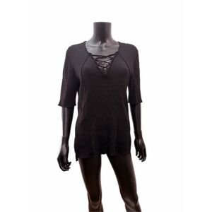 Lane Bryant Black Ribbed Lace-Up Tunic Top 18/20 Plus 3/4 Sleeve Stretch